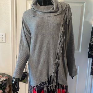 Oversized Cowl Neck Fringed Grey Long Sleeve Sweater Size M